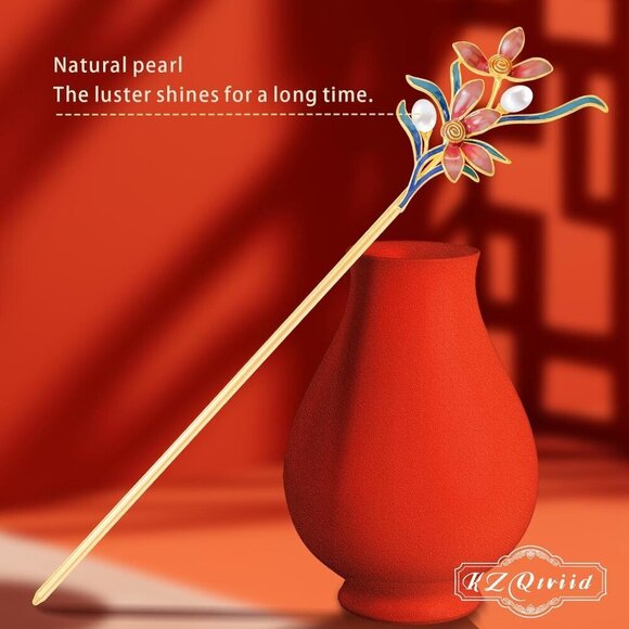 Hair Stick Jewelry-Grade Metal Pearl Flower Dunhuang Style Enamel 5.9\